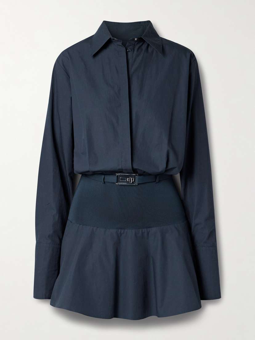 Brandon Maxwell The Irene Belted Stretch Knit-trimmed Cotton-poplin Mini Shirt Dress