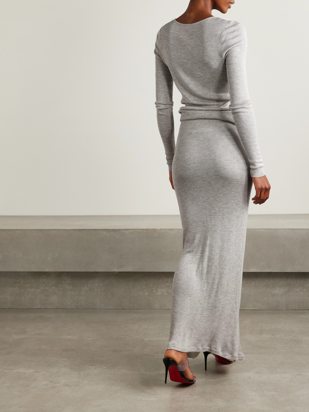 Brandon Maxwell The Tilda Gathered Ribbed Silk And Cashmere-blend Maxi Dress In Gray