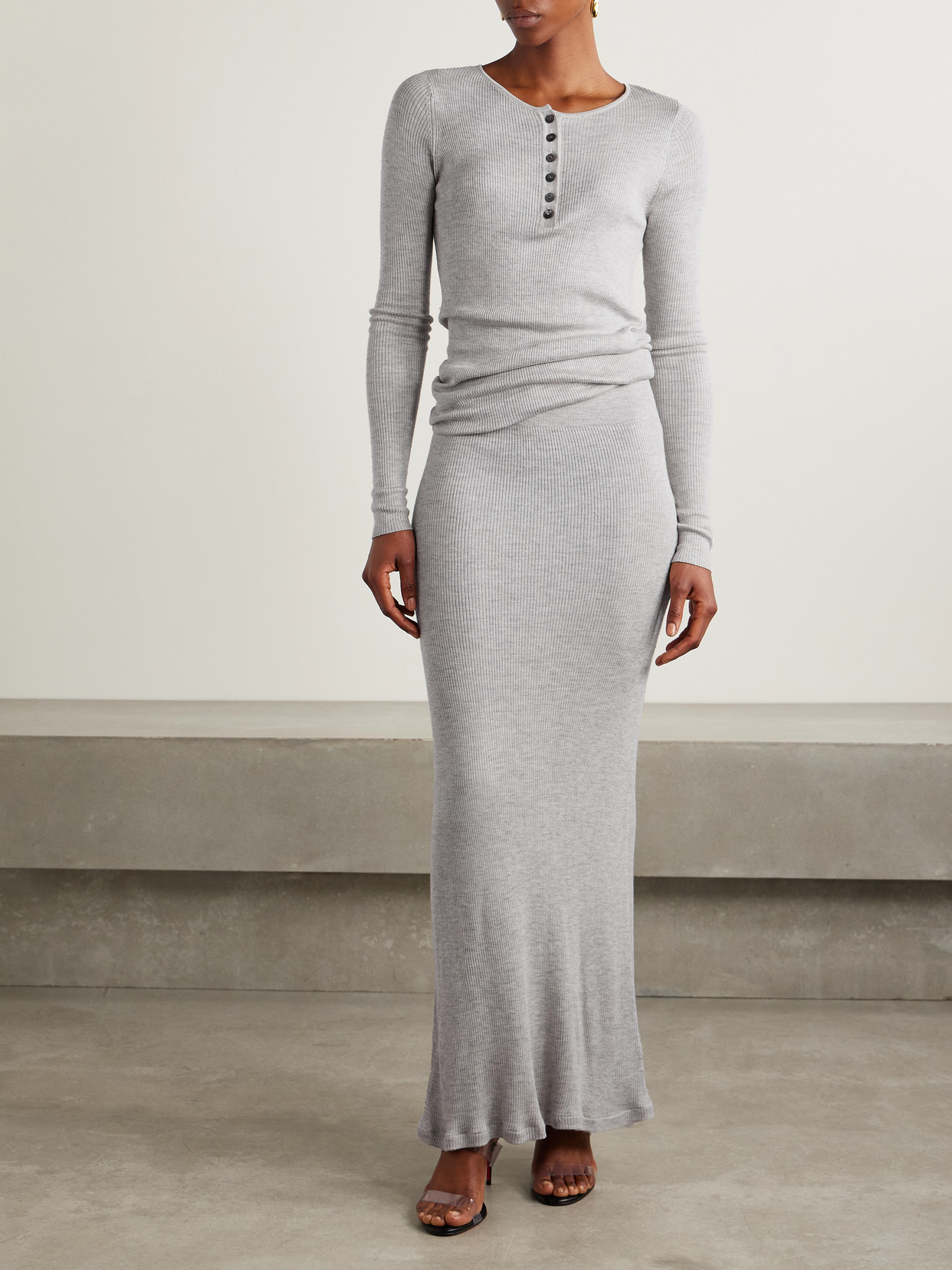 Brandon Maxwell The Tilda Gathered Ribbed Silk And Cashmere-blend Maxi Dress In Gray