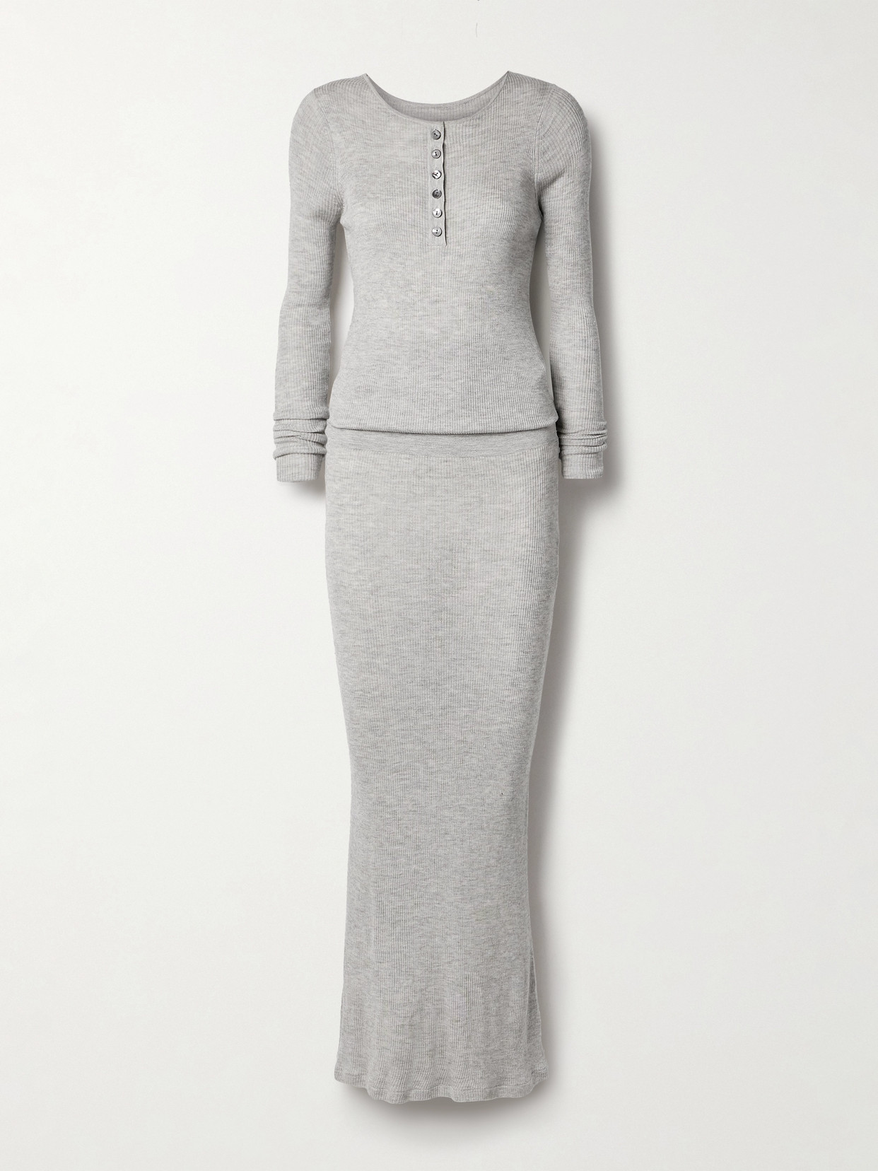 Brandon Maxwell The Tilda Gathered Ribbed Silk And Cashmere-blend Maxi Dress In Gray
