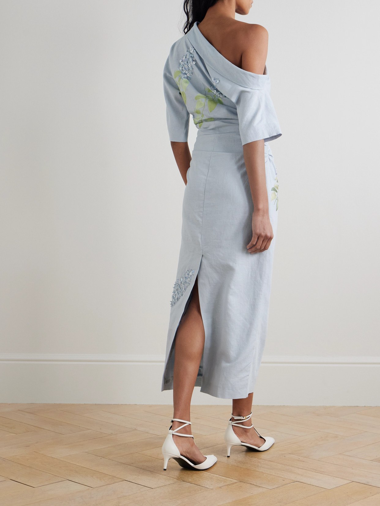 Bernadette Bowery Asymmetric Embellished Cotton And Linen-blend Midi Dress
