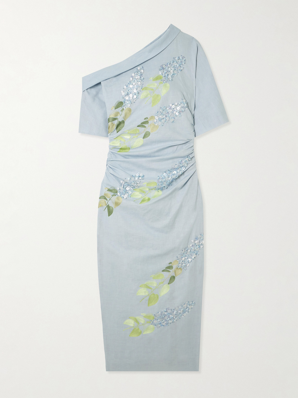 Bernadette Bowery Asymmetric Embellished Cotton And Linen-blend Midi Dress
