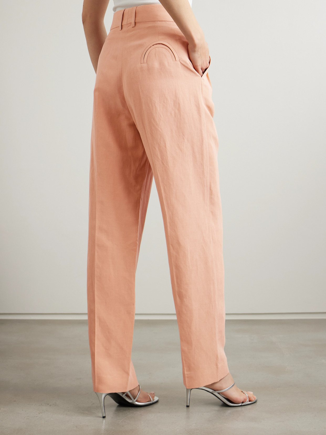 Blazé Milano Flica Fox Pleated Silk And Linen-blend Straight-leg Pants In Pink