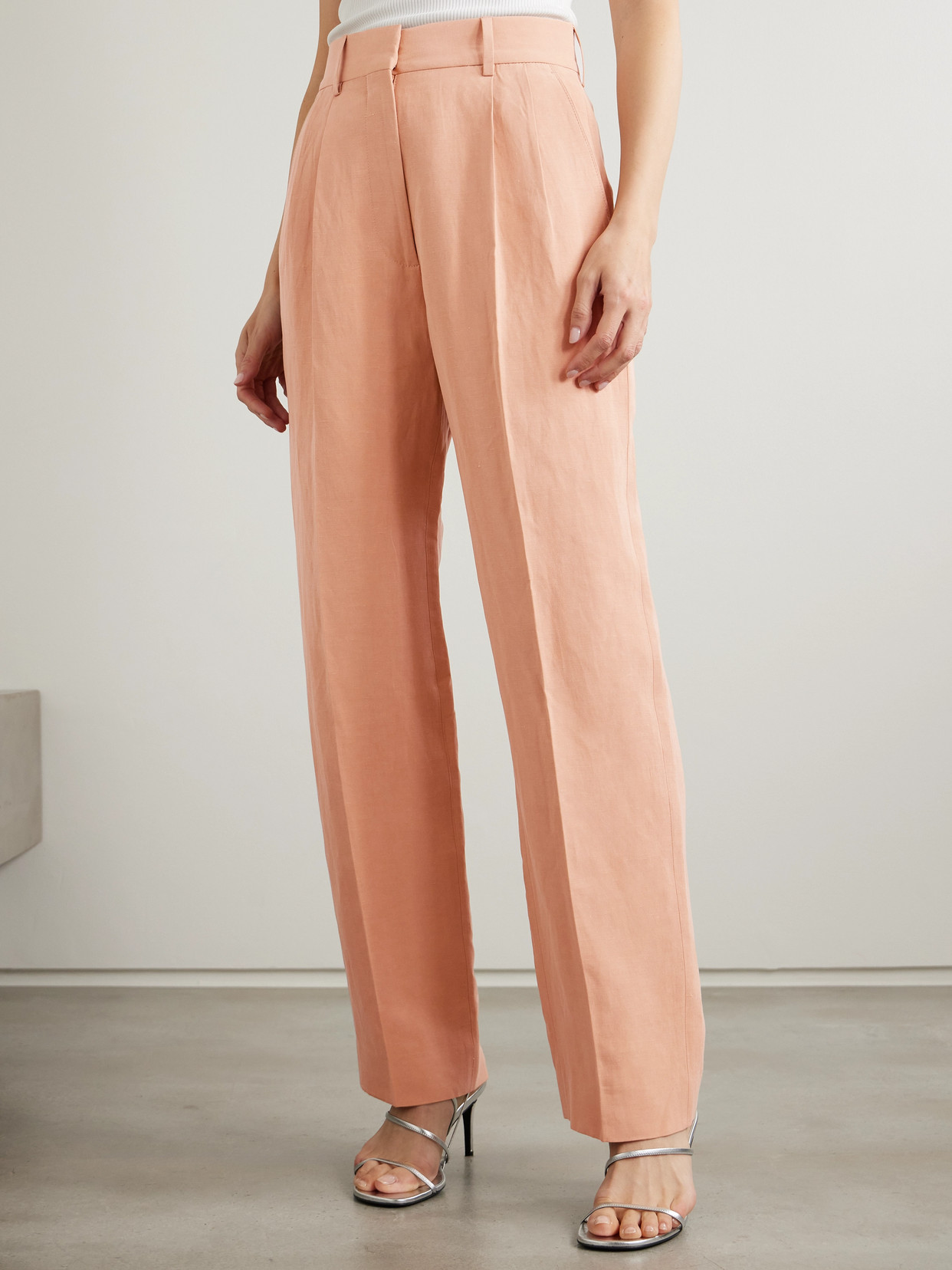 Blazé Milano Flica Fox Pleated Silk And Linen-blend Straight-leg Pants In Pink