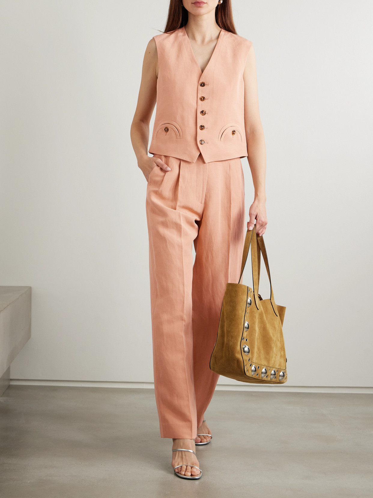 Blazé Milano Flica Fox Pleated Silk And Linen-blend Straight-leg Pants In Pink