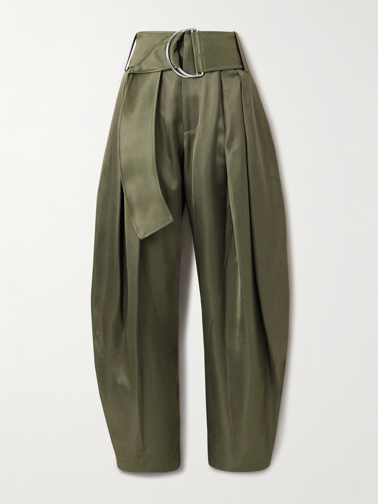 Jw Anderson Belted Pleated Satin Wide-leg Pants In Green