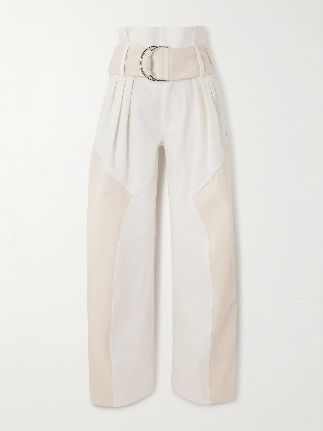 Jw Anderson Belted Pleated Paneled Two-tone Cotton-poplin Wide-leg Pants In Off-white