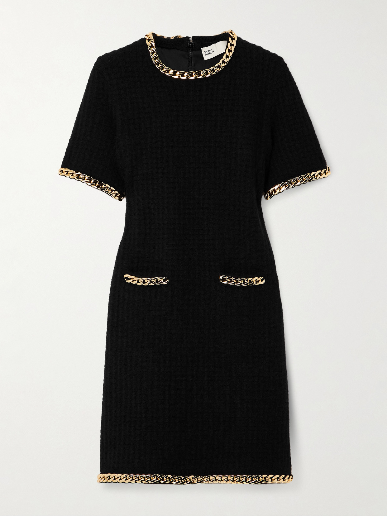 Tory Burch Chain-embellished Waffle-knit Mini Dress In Black