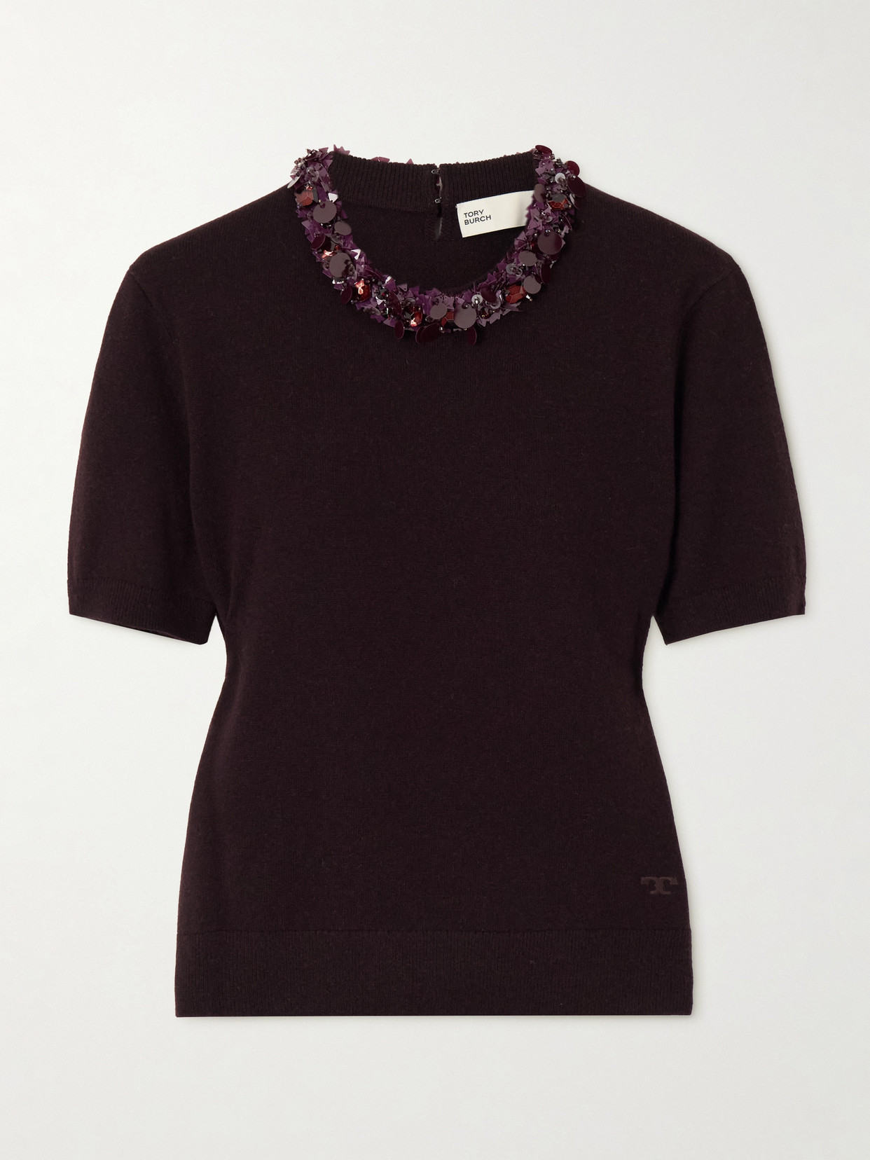 Tory Burch Wool And Sequin Short-sleeved Sweater In Burgundy
