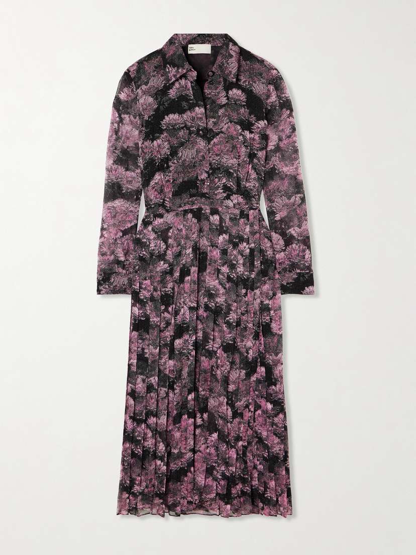 Tory Burch Pleated Floral-print Silk Midi Shirt Dress