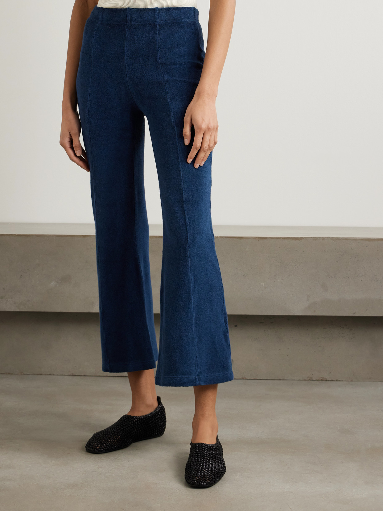 Suzie Kondi Fili Kick Cropped Cotton-blend Terry Flared Pants In Blue