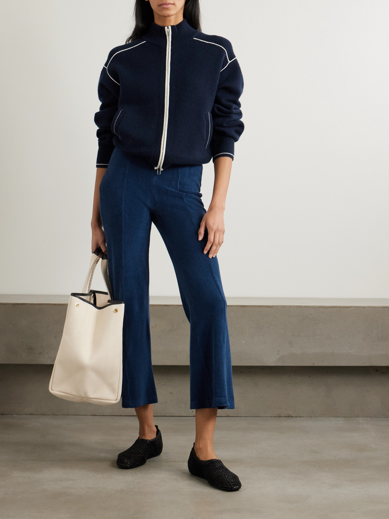Suzie Kondi Fili Kick Cropped Cotton-blend Terry Flared Pants In Blue