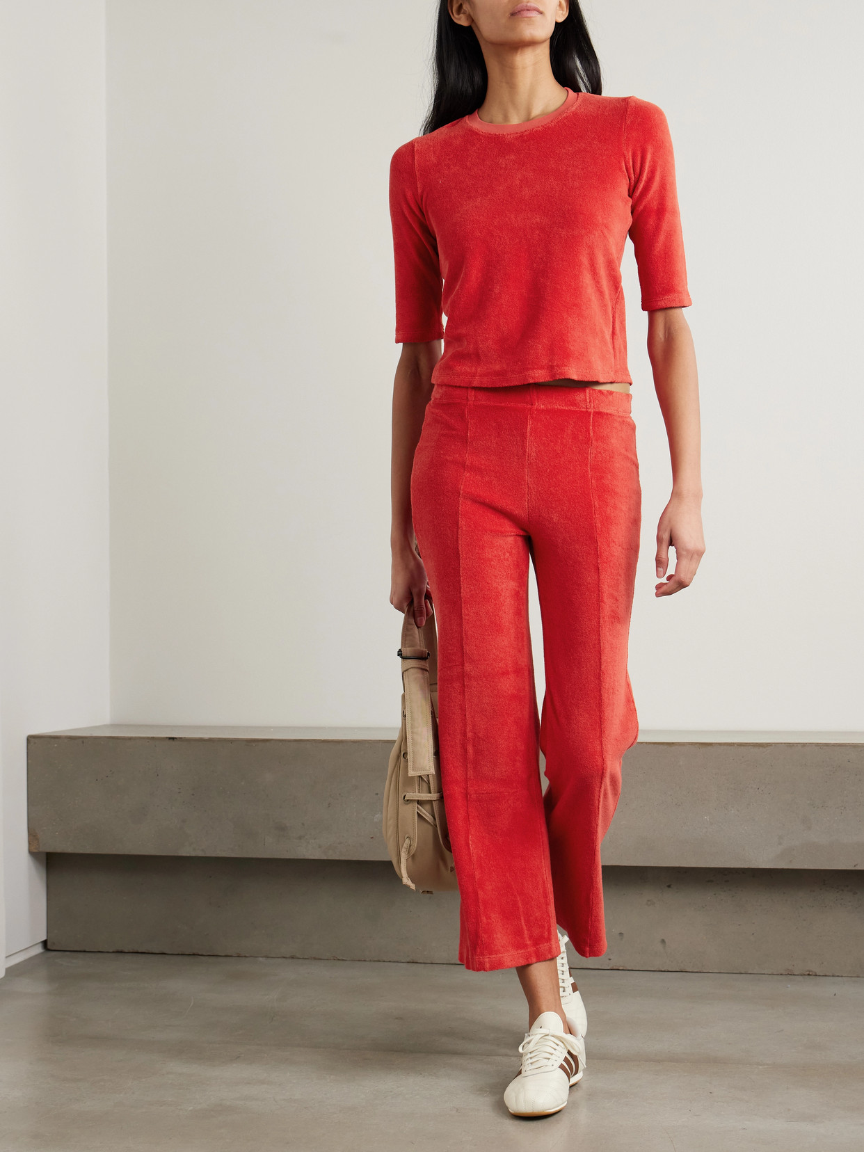 Suzie Kondi Fili Kick Cropped Cotton-blend Terry Flared Pants In Red