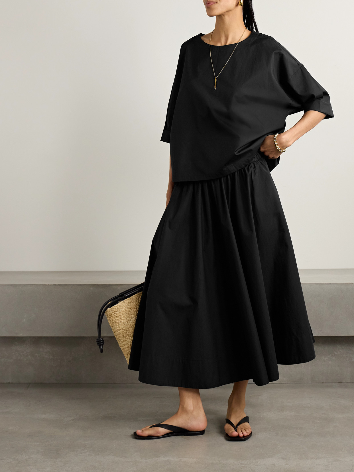Suzie Kondi The Kyria Gathered Cotton-poplin Midi Skirt In Black