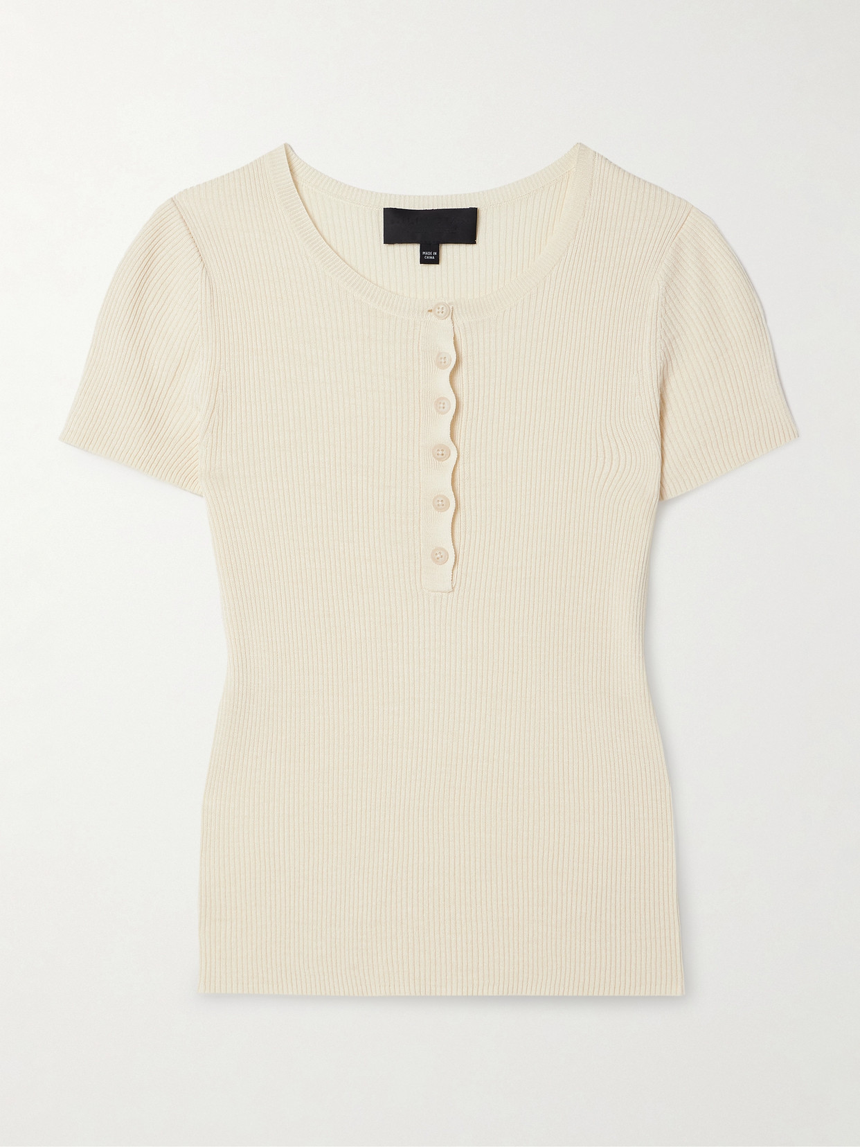 Nili Lotan Francene Ribbed Silk Henley T-shirt In Ivory