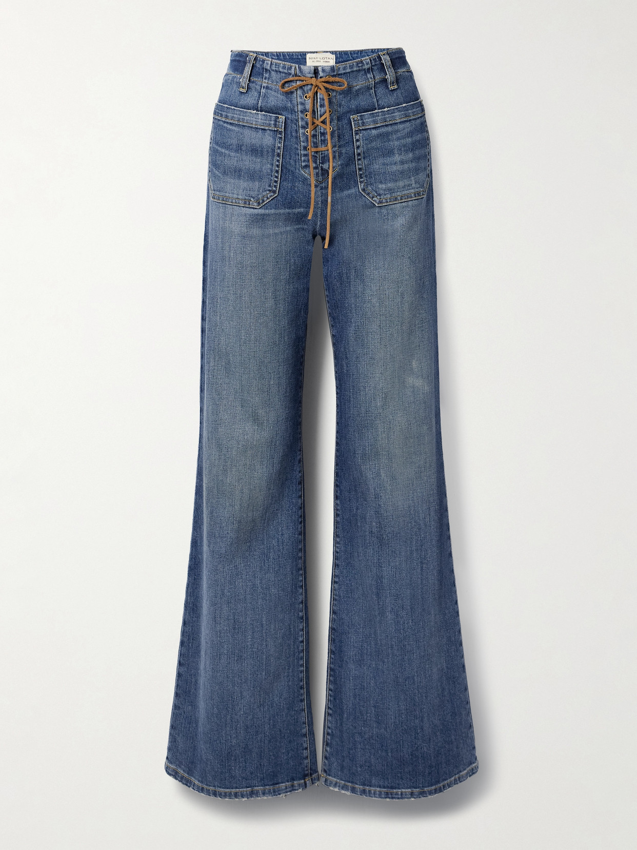 Nili Lotan Florence Lace-up Distressed High-rise Flared Jeans In Blue