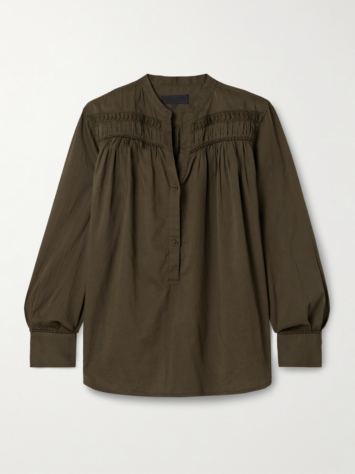 Nili Lotan Clarys Embroidered Gathered Cotton-voile Top In Green