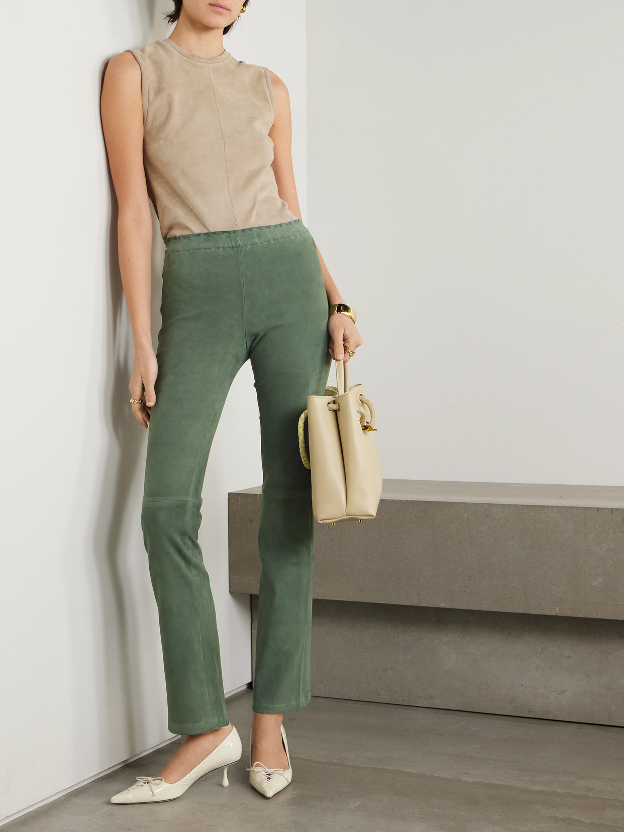 Stouls Jp Paneled Suede Flared Pants In Green