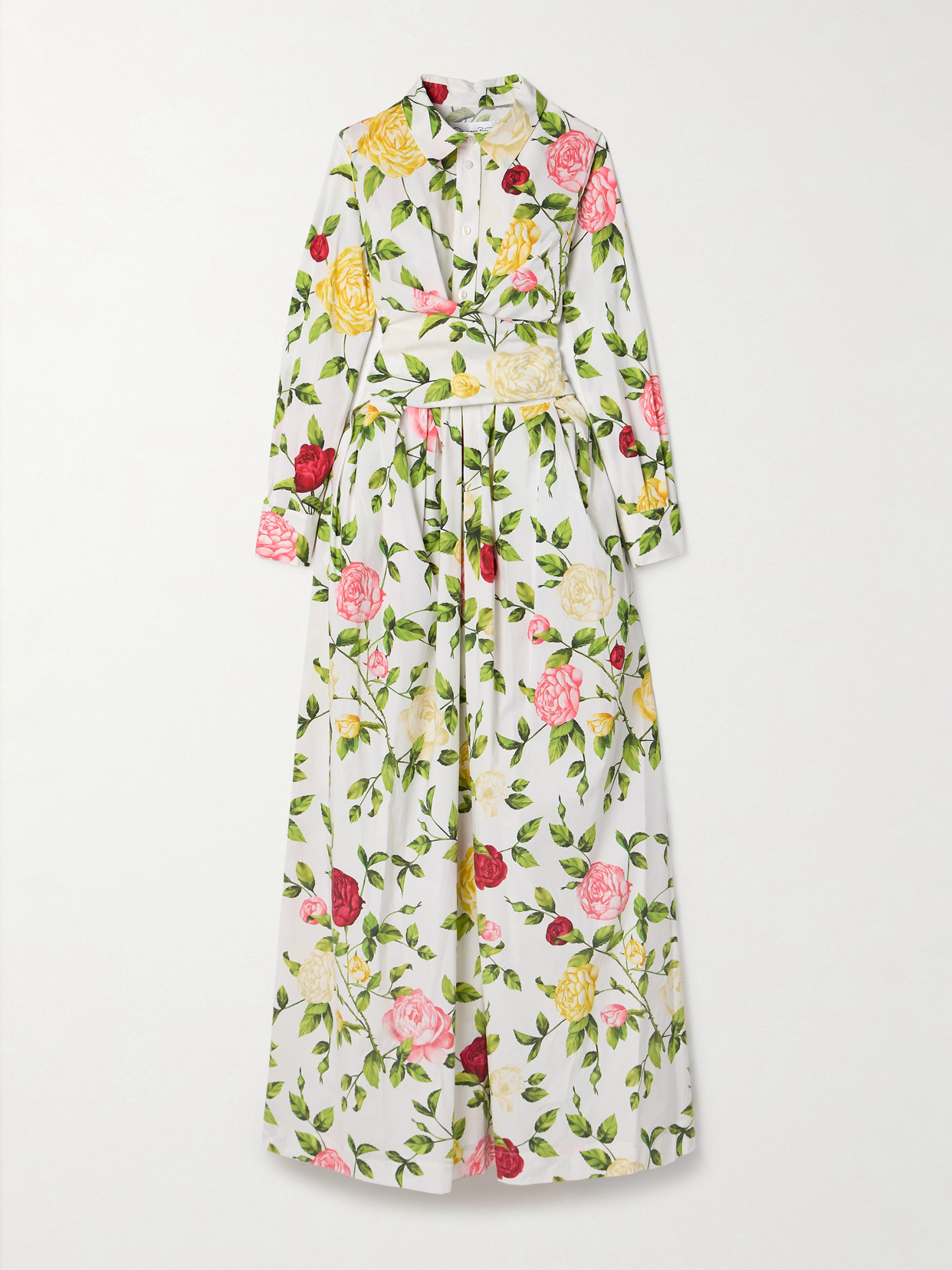Oscar De La Renta Wrap-effect Floral-print Cotton-blend Poplin Midi Shirt Dress In Green