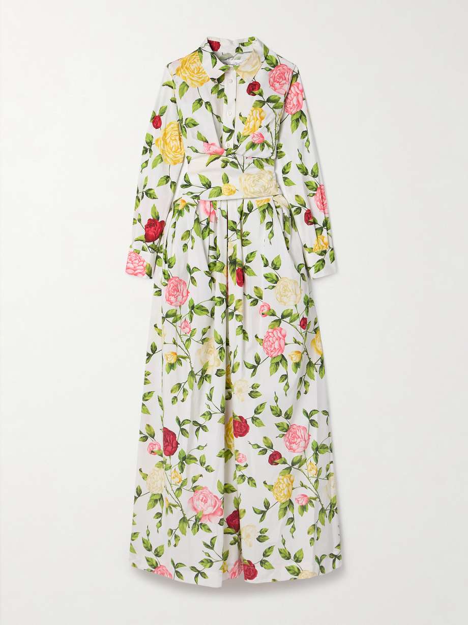 wrap-effect floral-print cotton-blend poplin midi shirt dress
