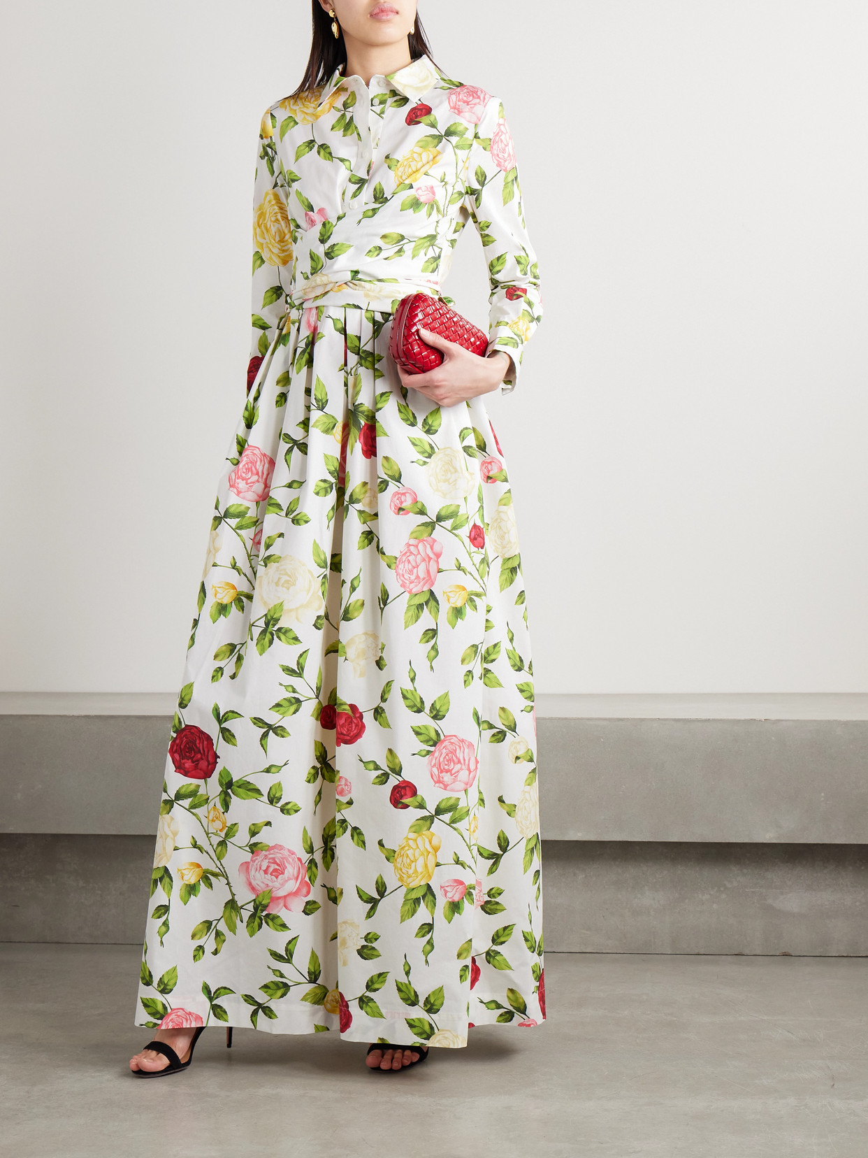 Oscar De La Renta Wrap-effect Floral-print Cotton-blend Poplin Midi Shirt Dress In Green