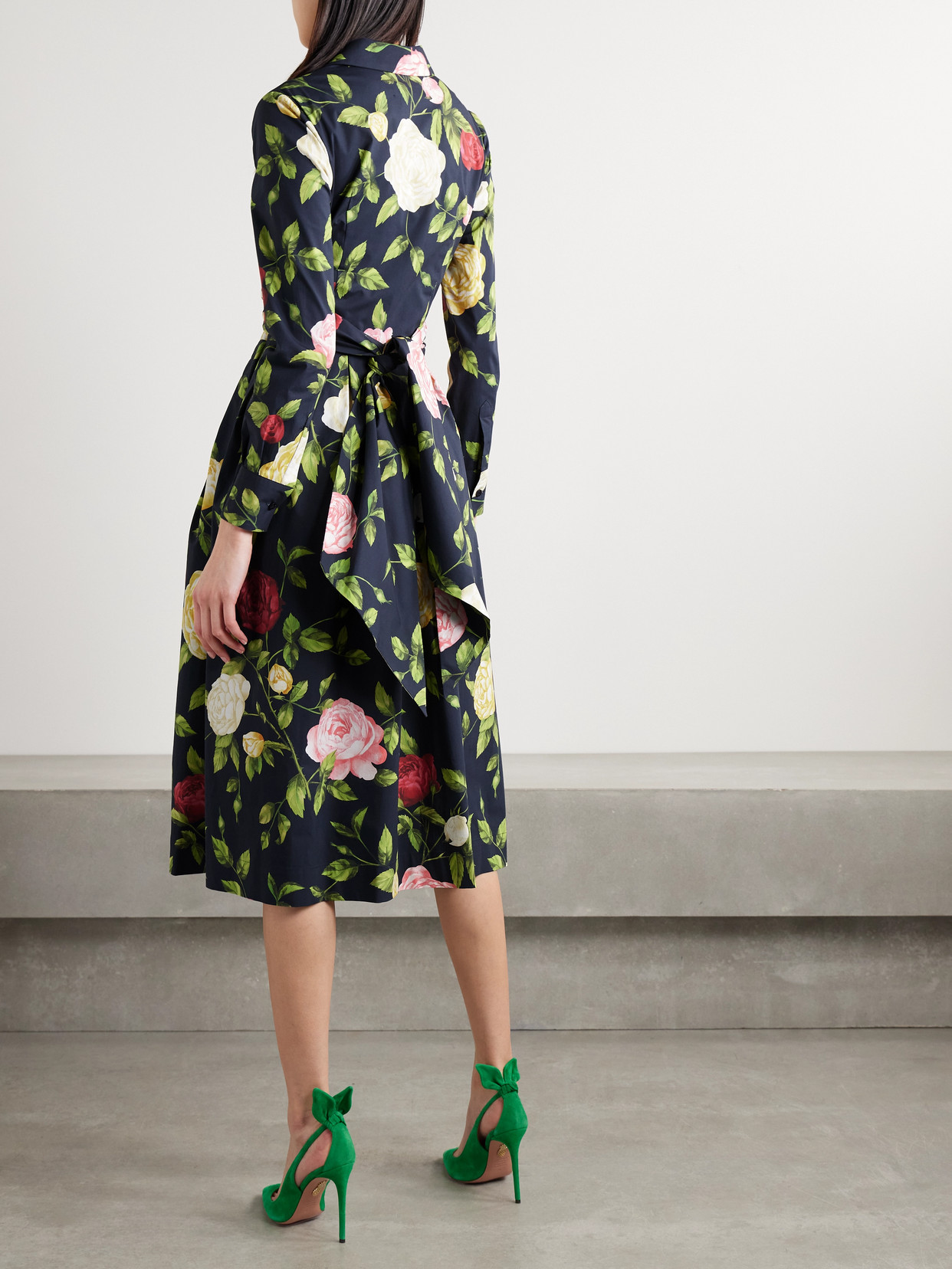 Oscar De La Renta Wrap-effect Floral-print Cotton-blend Poplin Midi Dress In Green