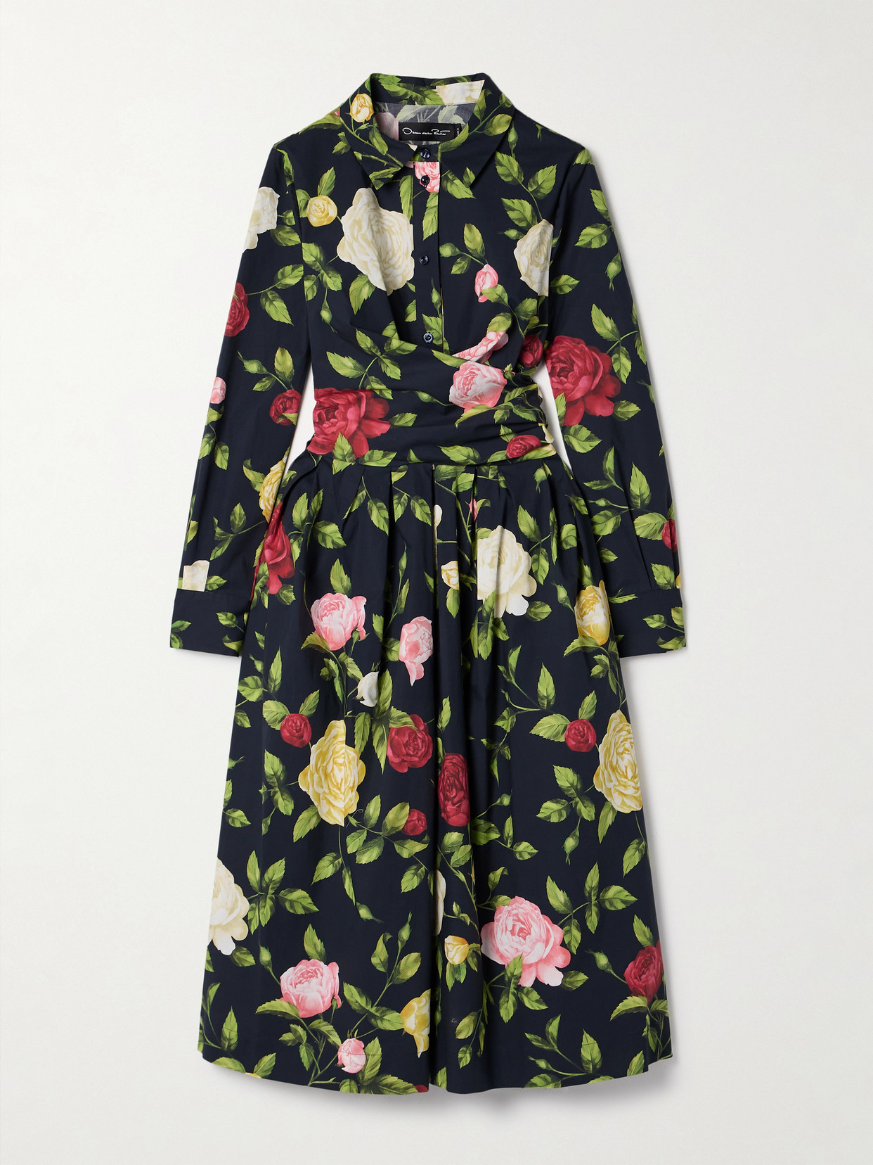 Oscar De La Renta Wrap-effect Floral-print Cotton-blend Poplin Midi Dress In Green