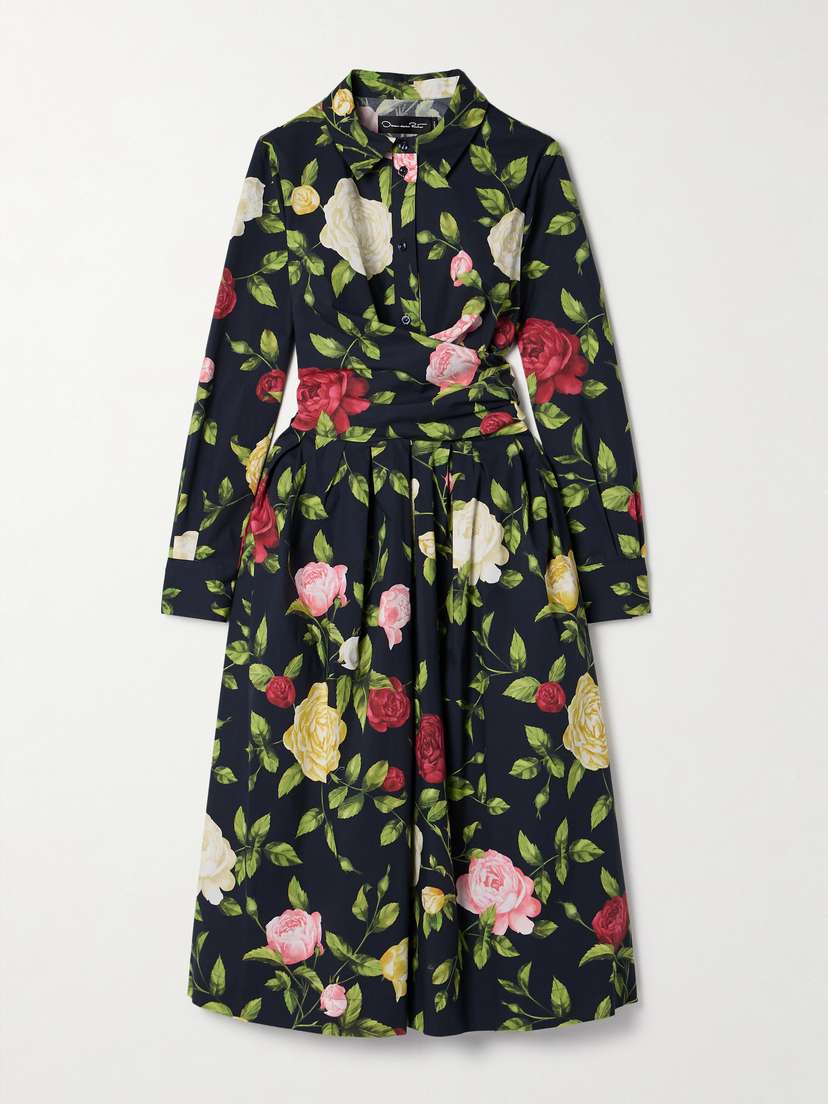 Oscar de la Renta Wrap-effect Floral-print Cotton-blend Poplin Midi Dress