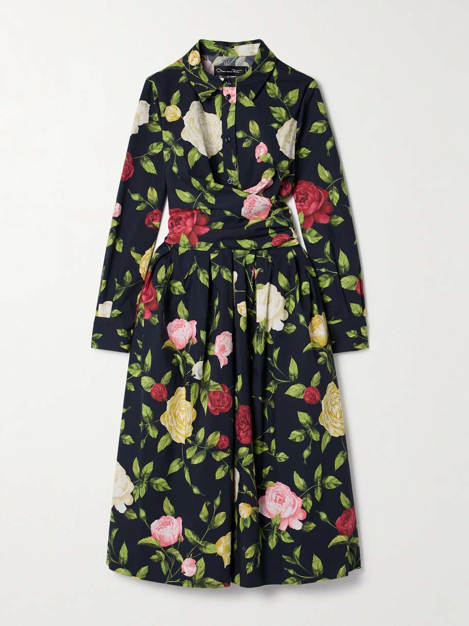 wrap-effect floral-print cotton-blend poplin midi dress