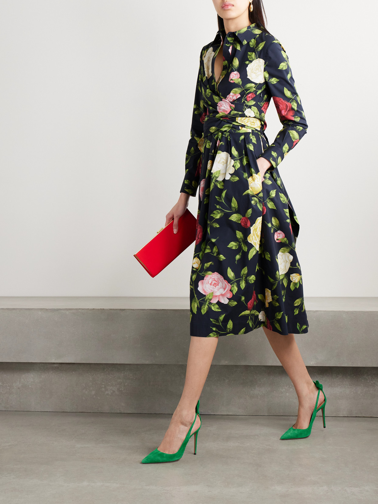 Oscar De La Renta Wrap-effect Floral-print Cotton-blend Poplin Midi Dress In Green