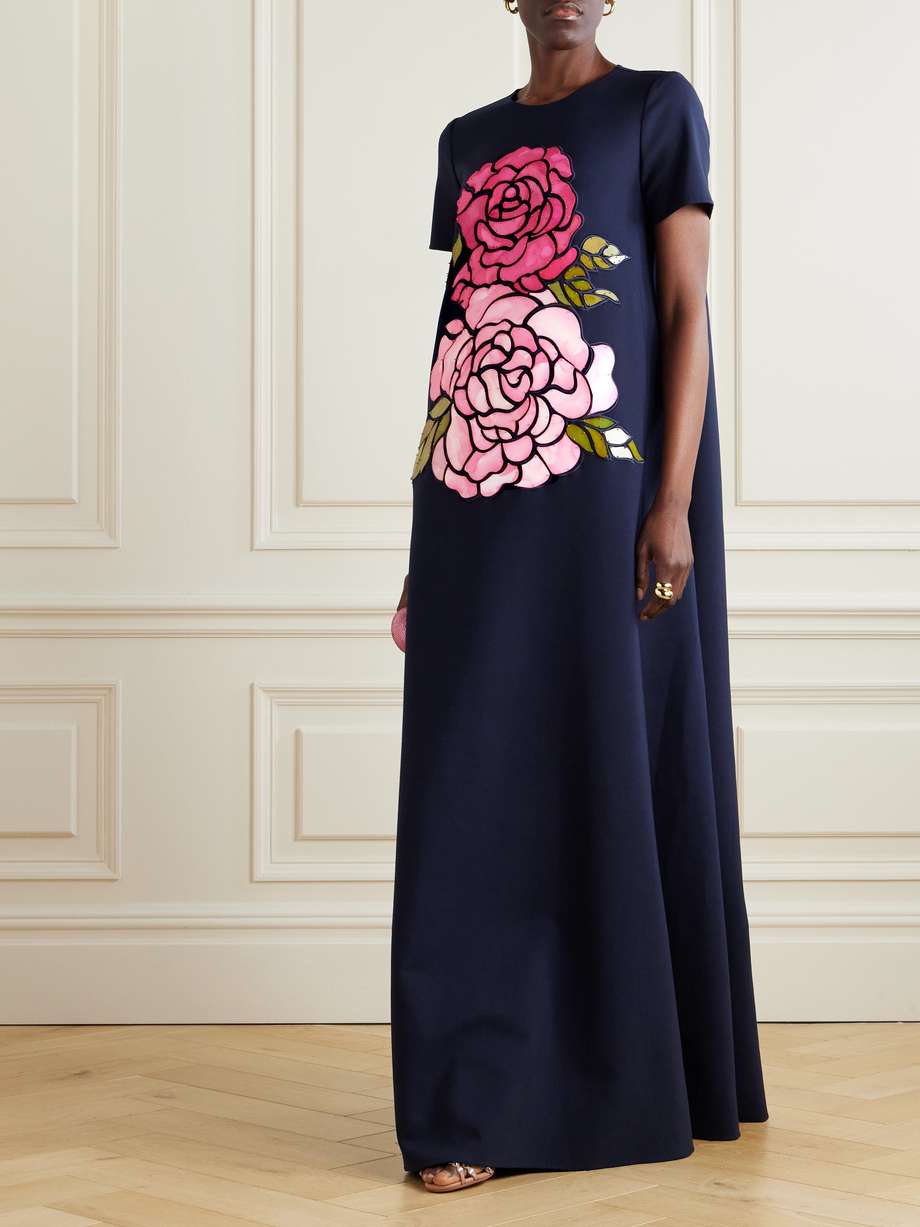 appliquéd wool-blend gown