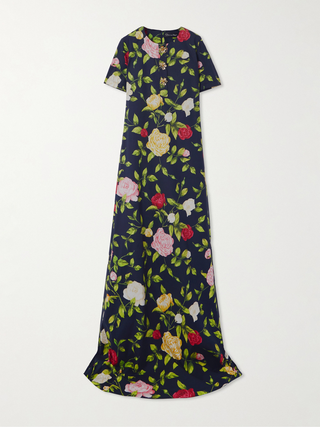 Oscar De La Renta Button-embellished Floral-print Cotton-blend Poplin Gown In Green