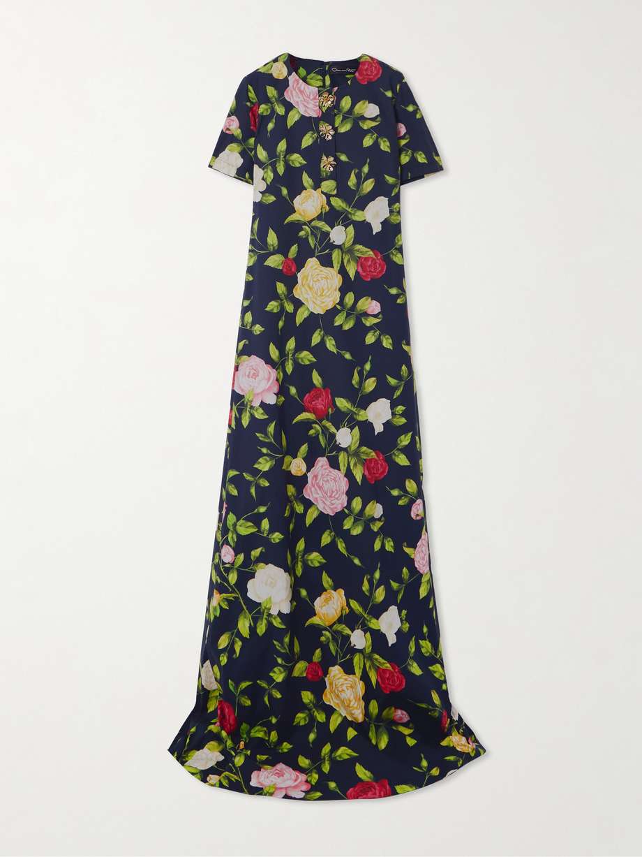 button-embellished floral-print cotton-blend poplin gown