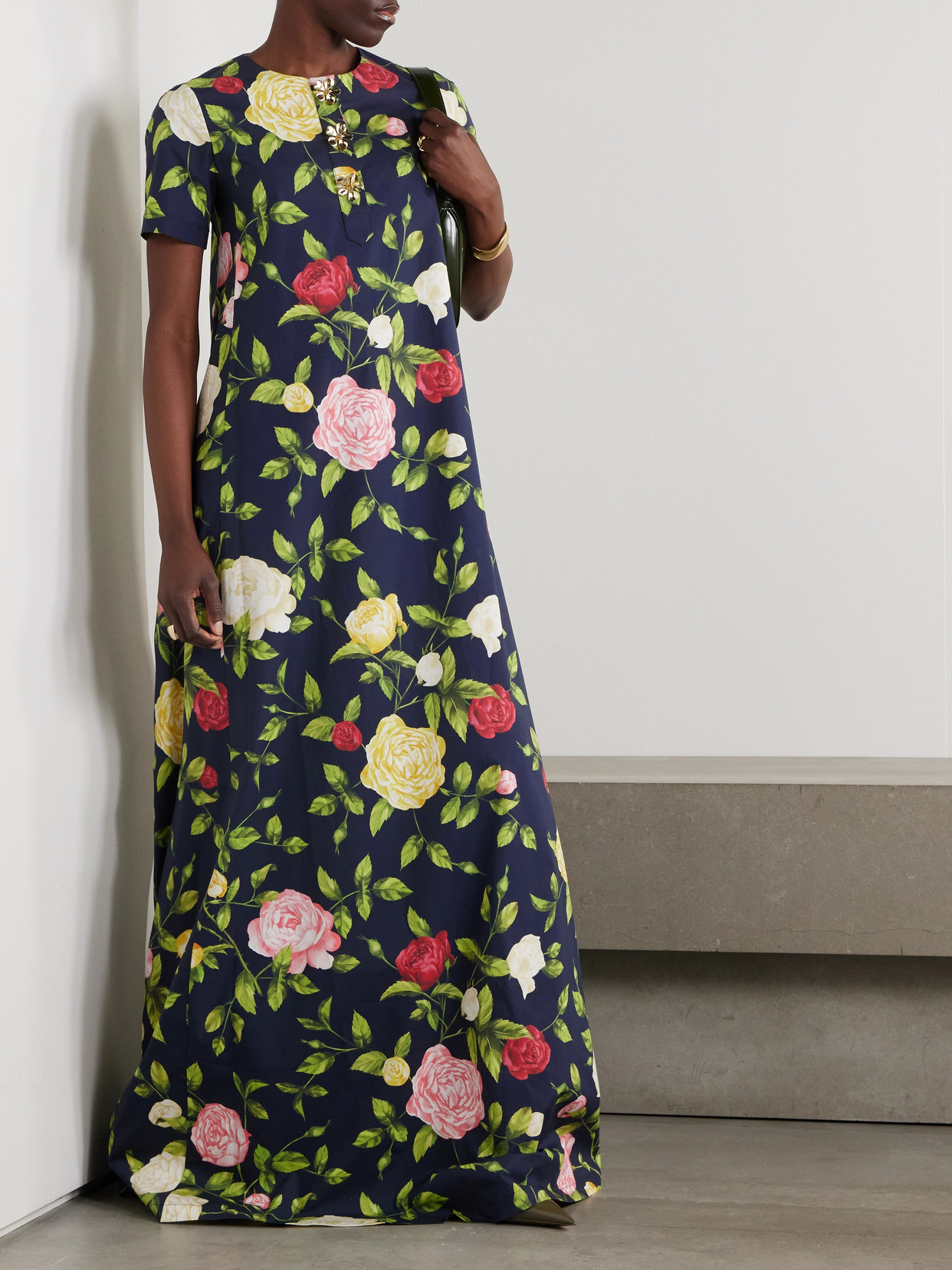 Shop Oscar De La Renta Button-embellished Floral-print Cotton-blend Poplin Gown In Green