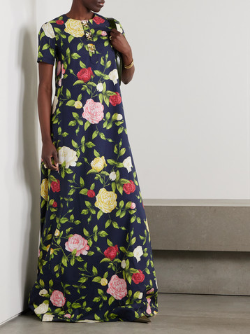 Oscar de la Renta Button-embellished floral-print cotton-blend poplin gown