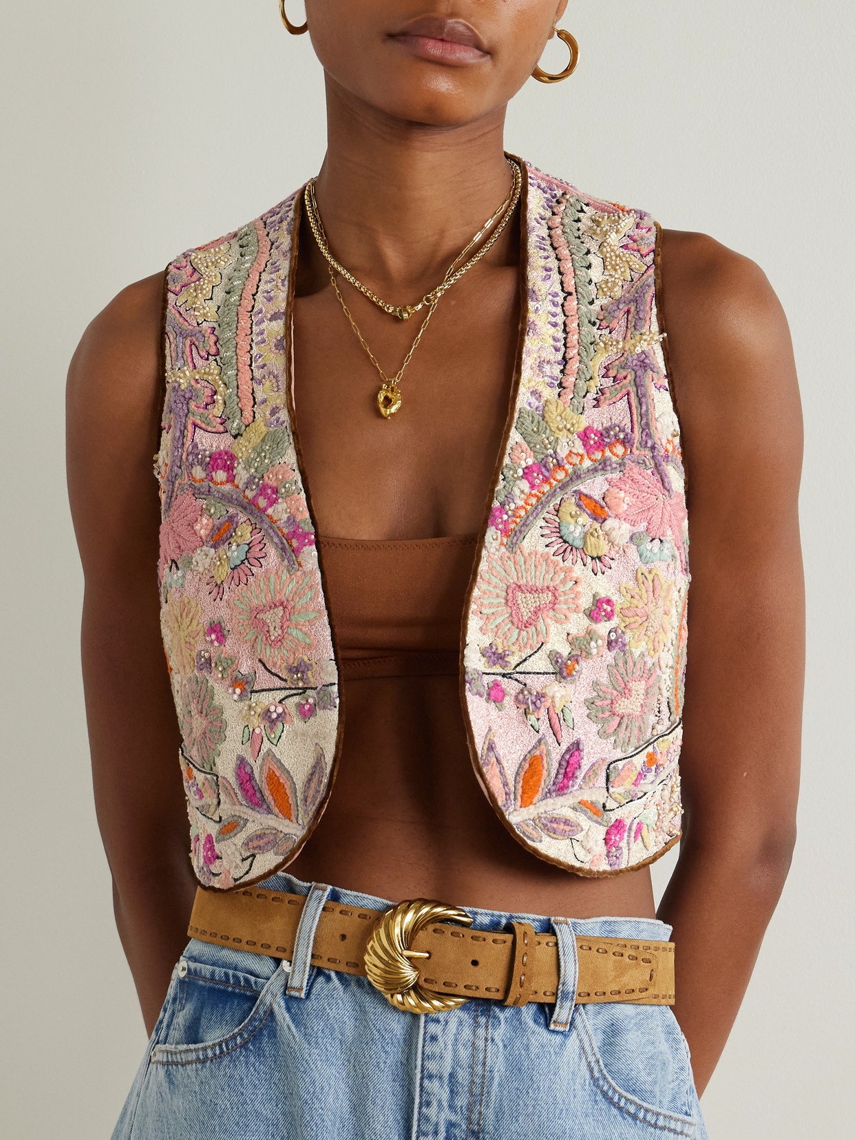 Etro Cropped Embellished Linen-bouclé Vest In Multi