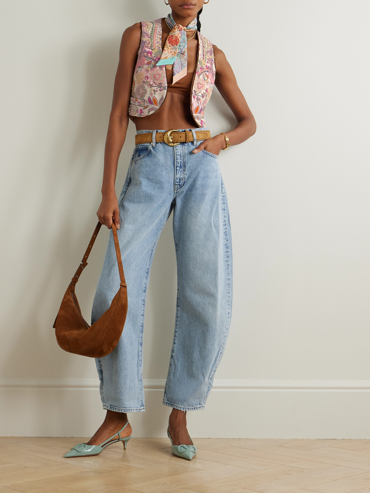 Etro Cropped Embellished Linen-bouclé Vest In Multi
