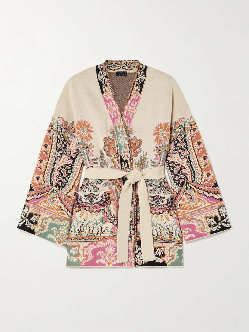 Etro Belted Silk, Cotton And Linen-jacquard Cardigan