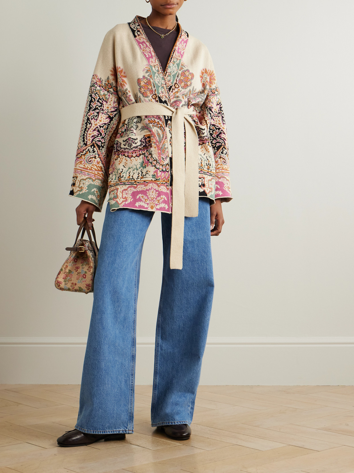 Etro Belted Silk, Cotton And Linen-jacquard Cardigan