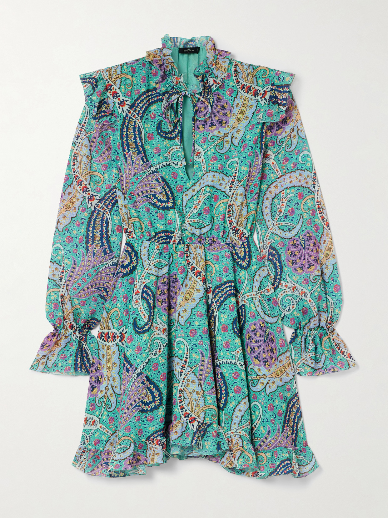 Etro - Ruffled Paisley-print Voile-jacquard Mini Dress - Light blue