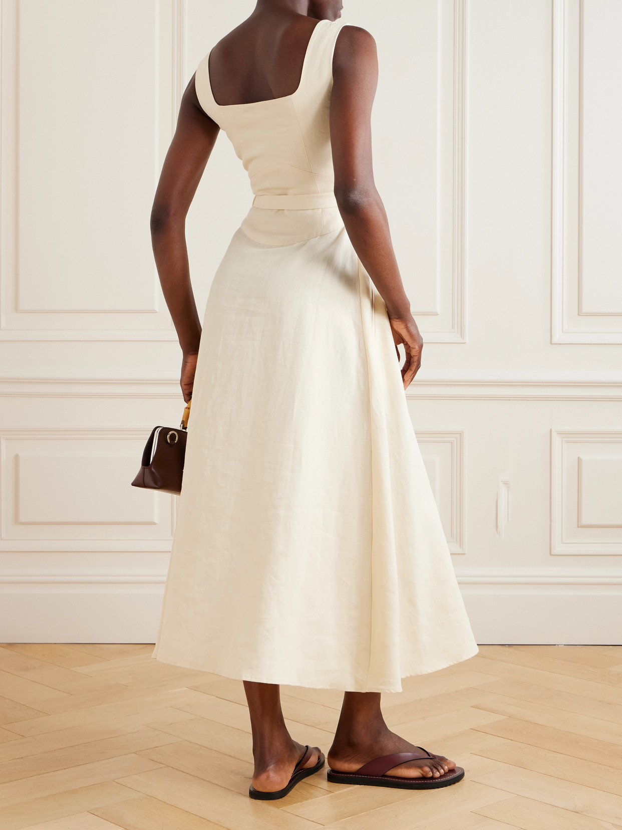 LE KASHA SUBU BELTED LINEN MIDI DRESS