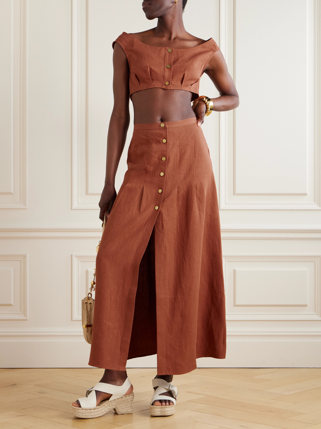 LE KASHA TAMRA CROPPED ORGANIC LINEN-GAUZE TOP 