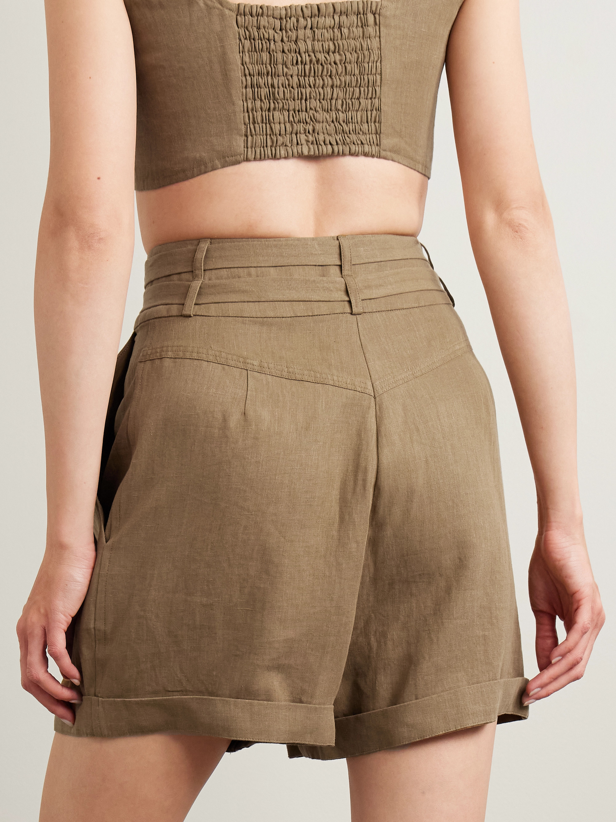 Le Kasha Aqiva belted pleated linen shorts