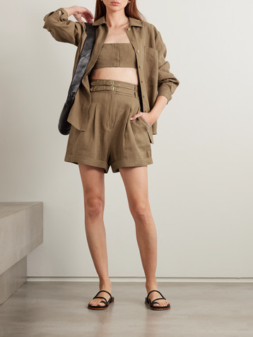 Le Kasha Aqiva belted pleated linen shorts