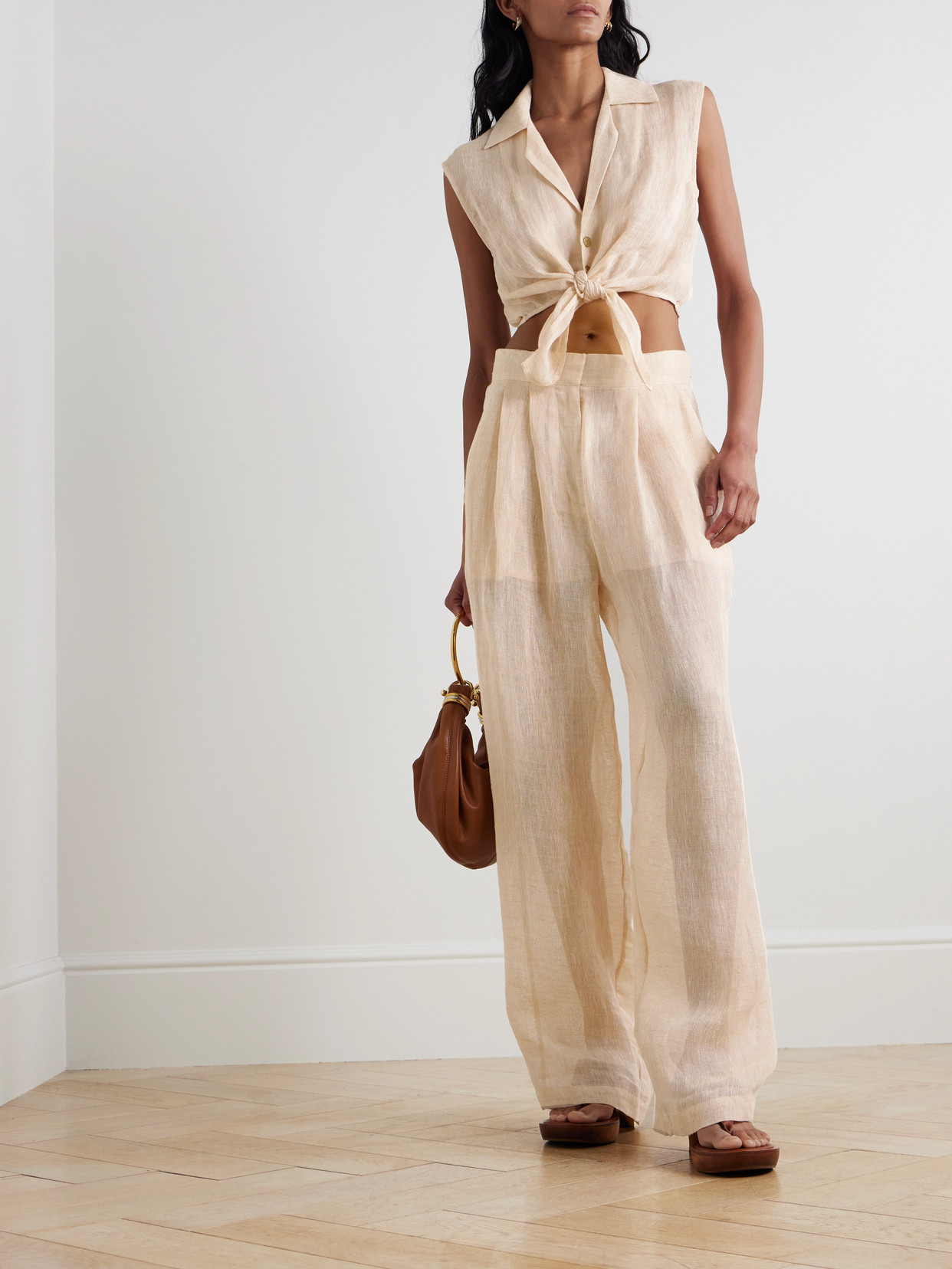 LE KASHA SANABO TIE-DETAILED LINEN-GAUZE TOP 
