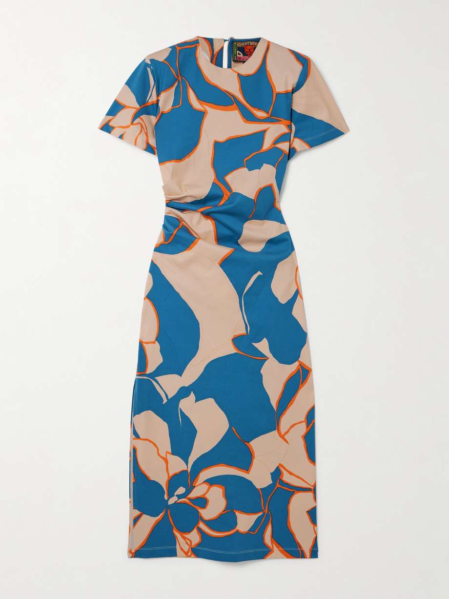 + mother lela ruched printed cotton-blend jersey midi dress
