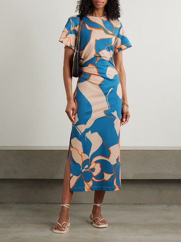 La DoubleJ + MOTHER Lela ruched printed cotton-blend jersey midi dress