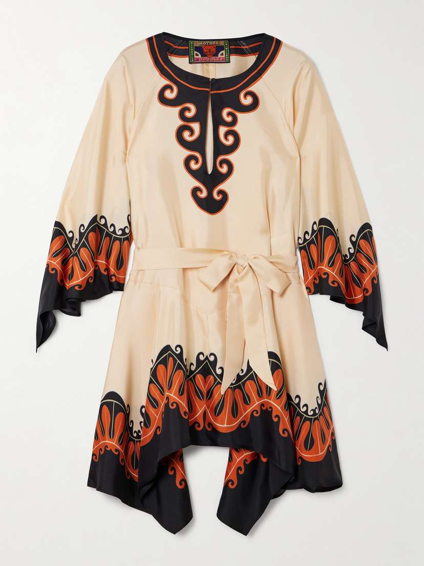 La DoubleJ + Mother Malibu Belted Printed Silk Mini Dress