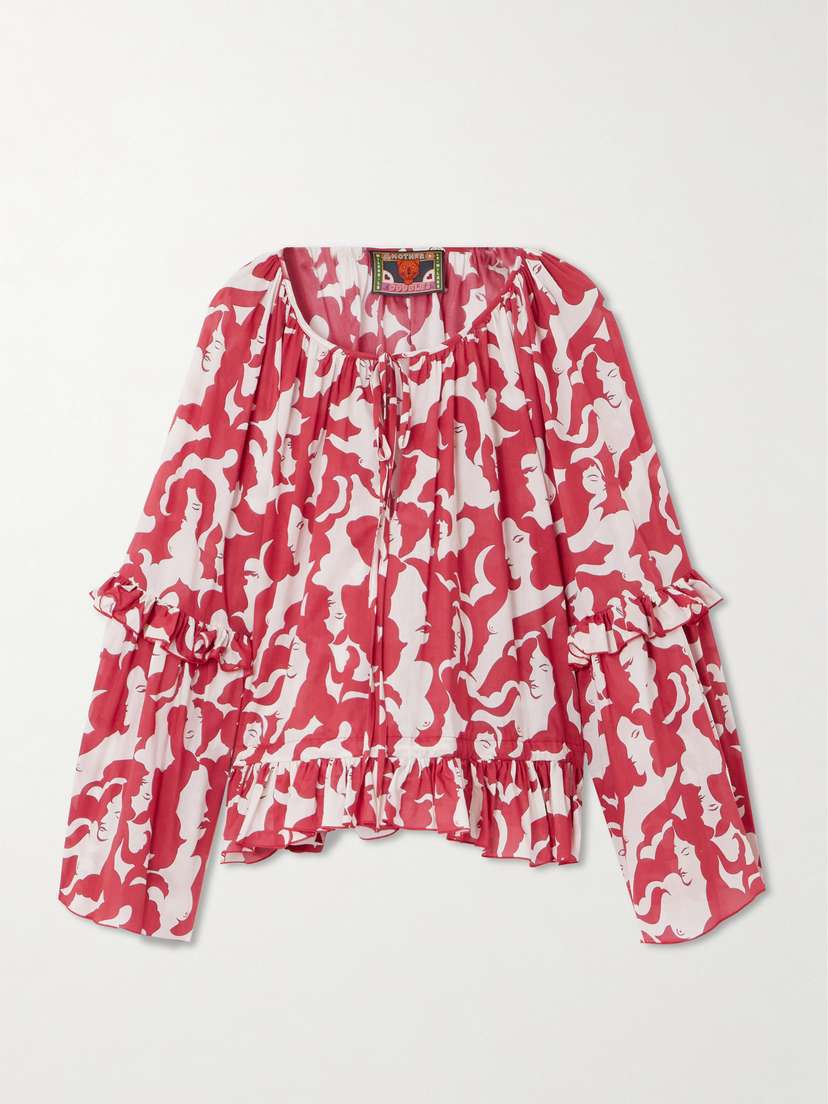 La DoubleJ + Mother Ruffled Printed Cotton Top