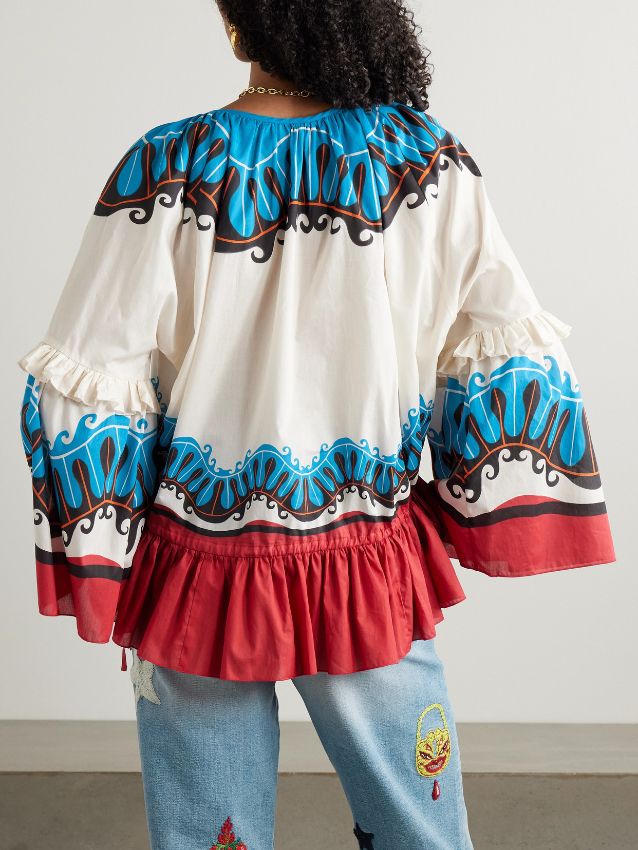La Doublej Boho Tie-detailed Printed Cotton Peplum Blouse In Blue